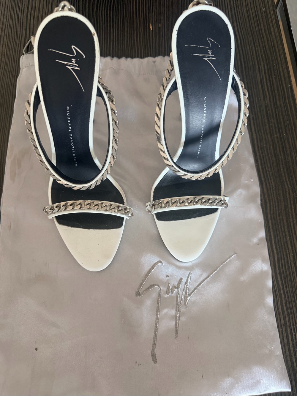Giuseppe Zanotti White and Black Chain-Strap Stiletto Sandals